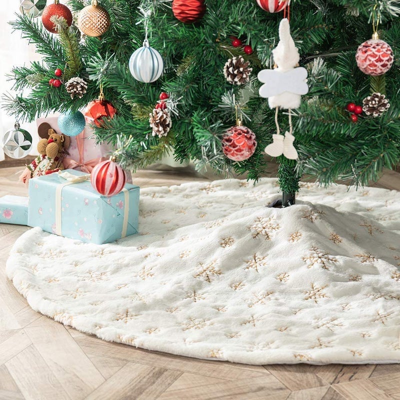 Amidaky Christmas Tree Skirt 30 inches White Faux Fur Gold Snowflake Sequin Embroidered Luxury Tree Skirt Xmas Decoration - Image 2
